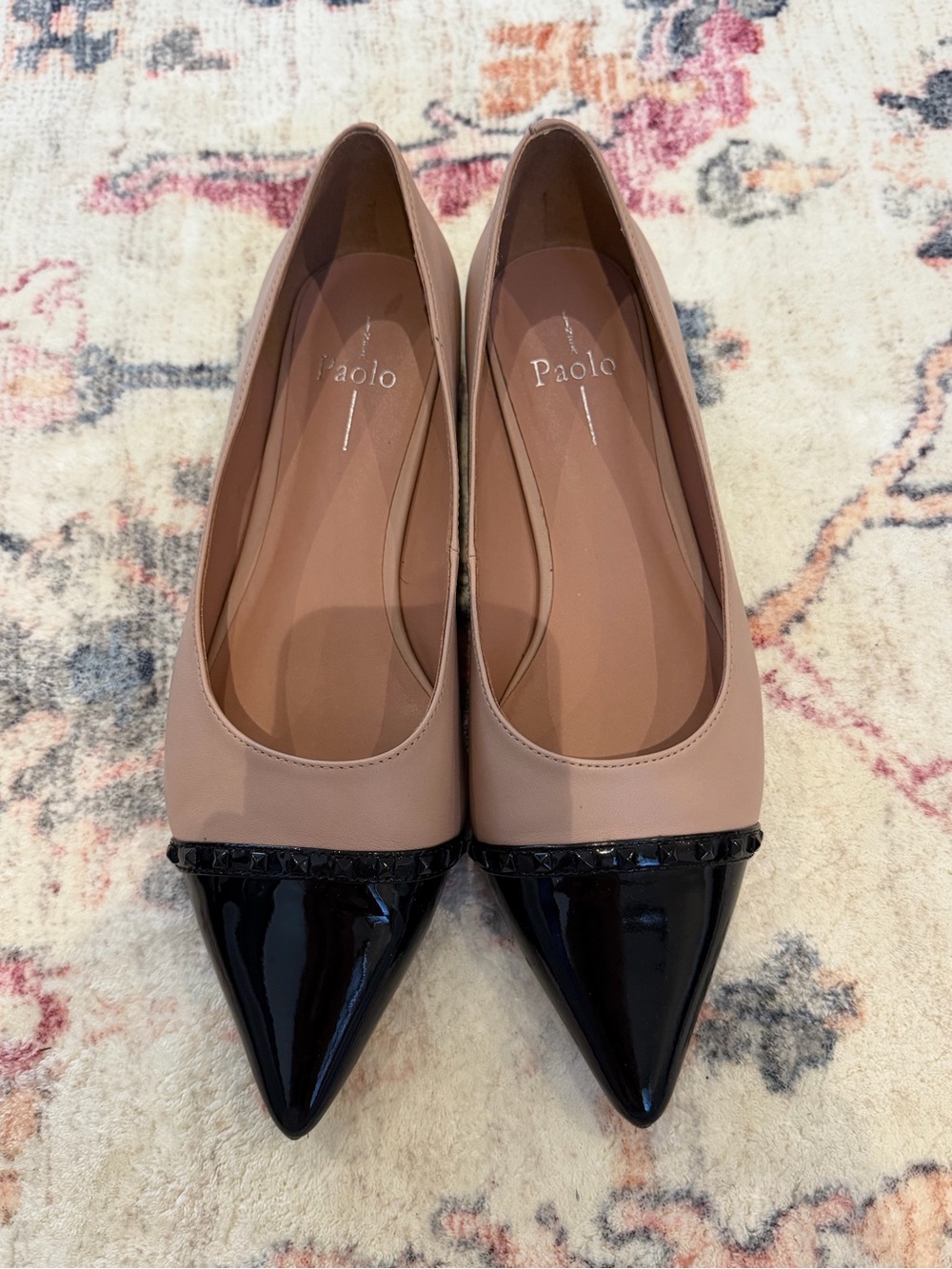 Paolo Nude and Black Pointed-Toe Flats with Patent Cap